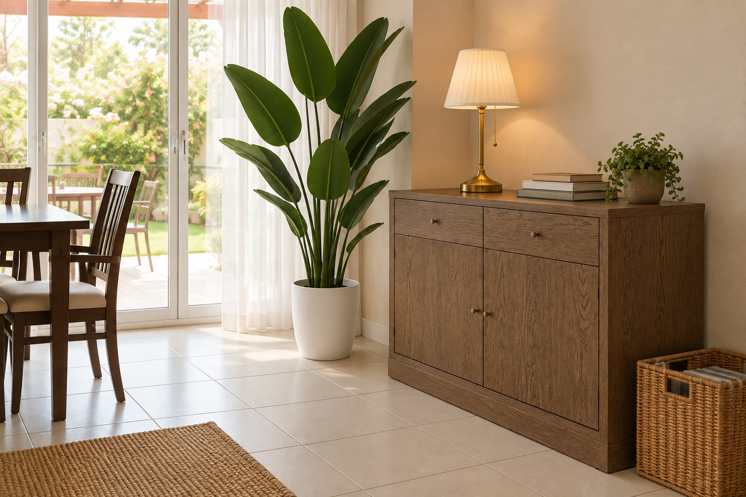 AI detail: an oak sideboard, pleated table lamp, plant and basket complete the storage corner.