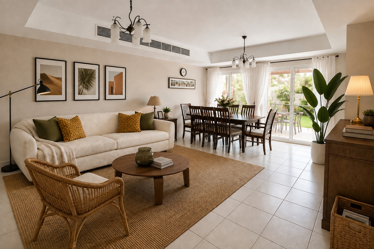 AI concept: a cream sofa and jute rug bring warmth to a villa living room with existing beige floor tiles.